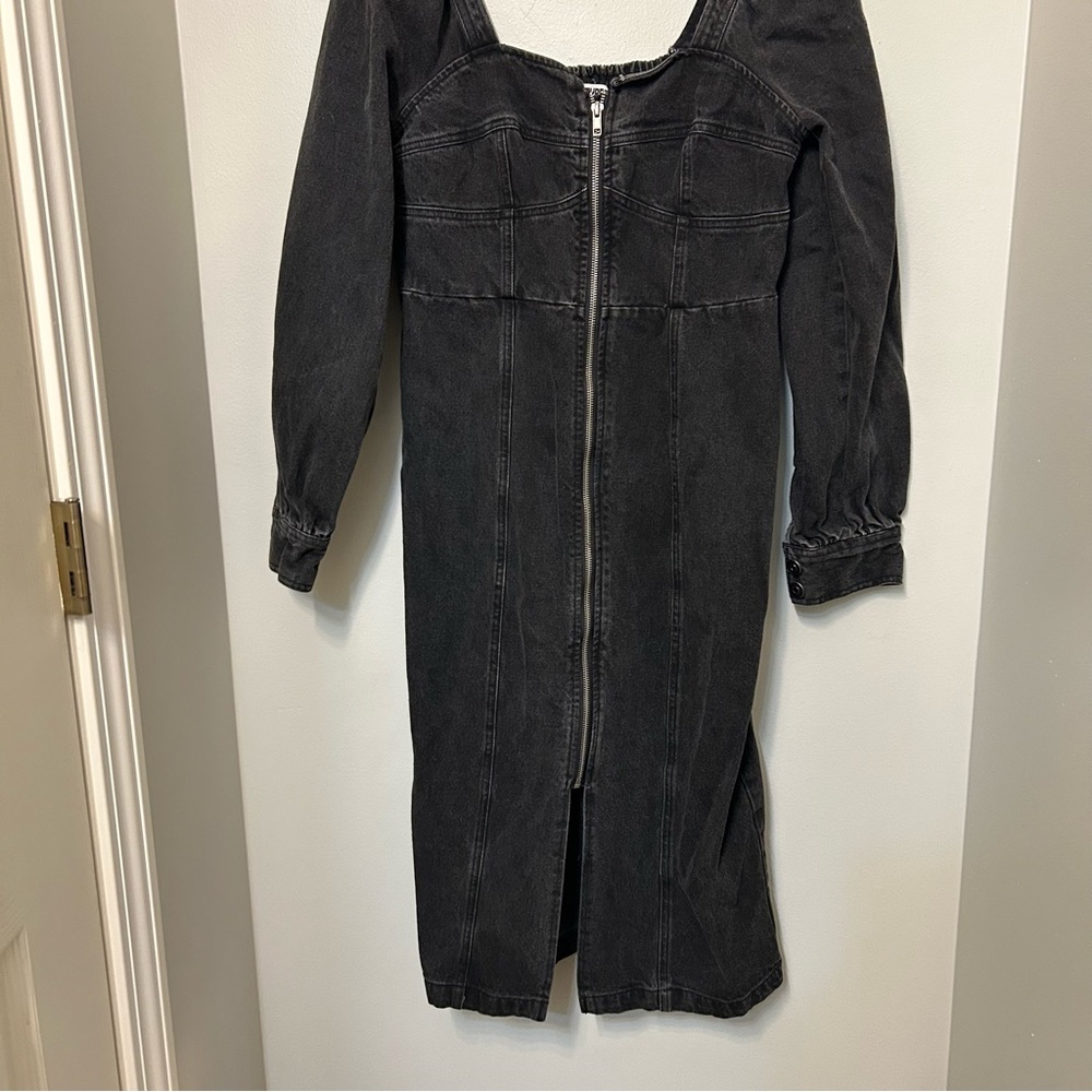 Future Collective Womens Washed Black Denim Zip Front Long Sleeve Midi Dress 8 - Picture 2 of 11